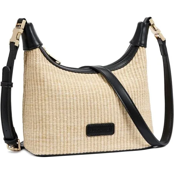 Women Straw Crossbody Bag Raffia Clutch Shoulder Handbag Summer Beach Black - Picture 1 of 6